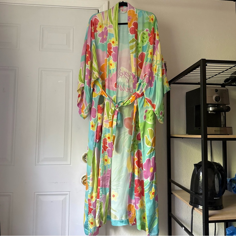 Spell‎ multicolor pastel floral watercolor belted kimono robe long line duster